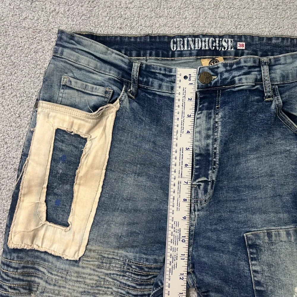 Grindhouse Denim Short Biker Distressed 38 Blue Moto Patchwork Streetwear Grunge